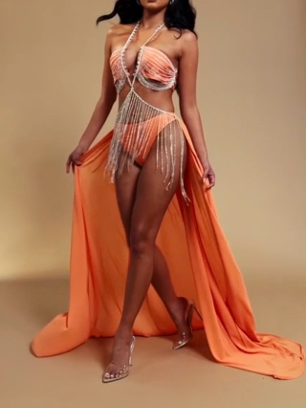 Fashion Nova Orange Maxi Dress With Fringe Cutouts